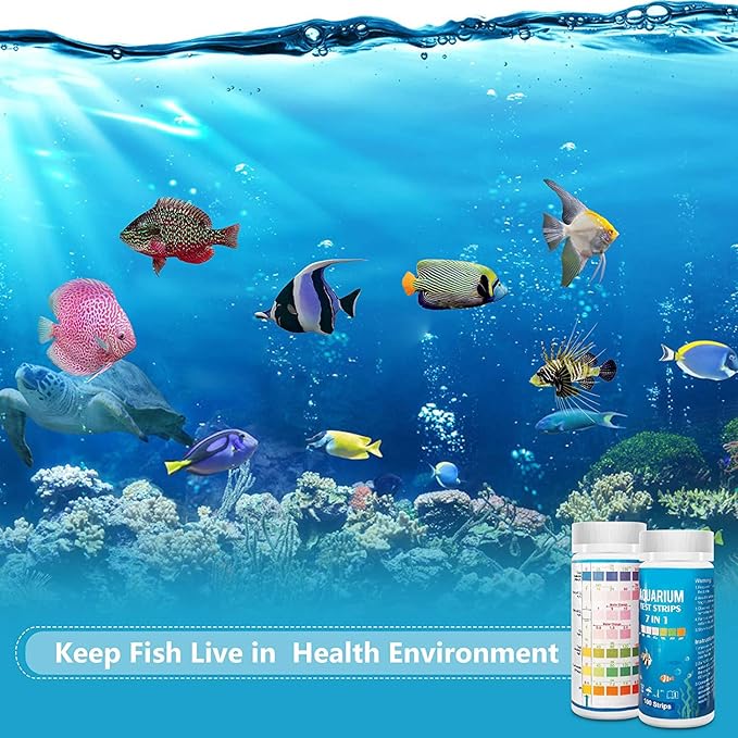 Aquarium Test Strips for Freshwater Fish: 7 in 1 Fish Tank Water Testing Kit for Aquarium Pond - Accurate Testing Nitrate Nitrite Hardness Free Chlorine pH Carbonate Total Alkalinity-100 Strips