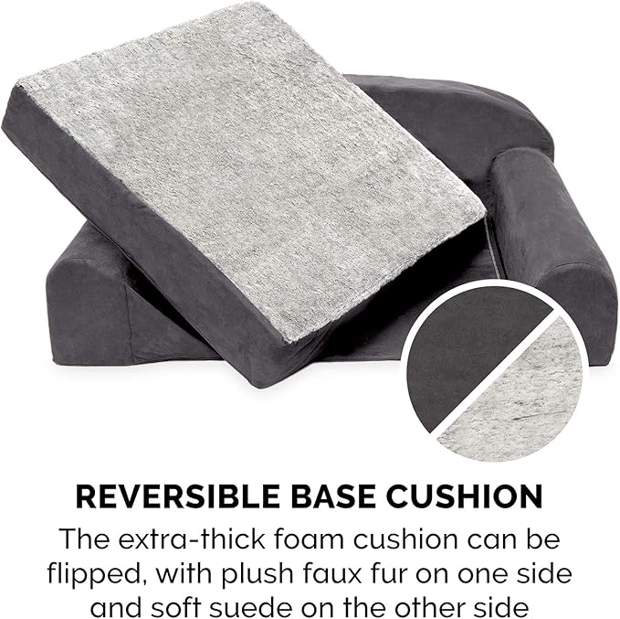 Furhaven Orthopedic Dog Bed for Medium Dogs w/ Removable Washable Cover & Reversible Foam Cushion, For Dogs Up to 55 lbs - Luxury Edition Faux Fur & Suede Sofa - Stone Gray, Medium