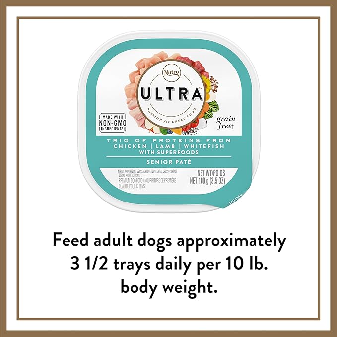 NUTRO ULTRA Senior Grain Free Soft Wet Dog Food, Trio of Proteins Chicken, Lamb & Whitefish Paté with Superfoods, 3.5 oz. Trays, Pack of 24