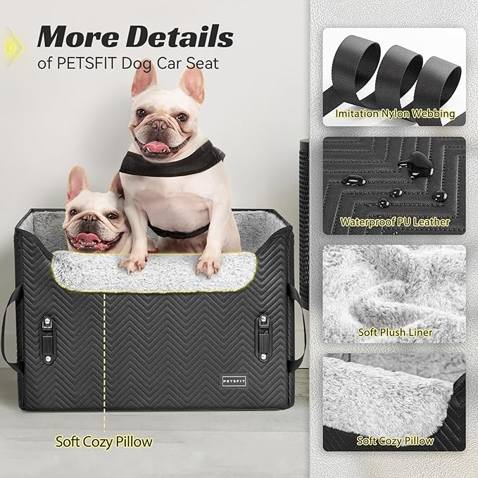 PETSFIT Dog Car Seat Medium Sized Dog, Waterproof PU Leather Dog Seat for Car with Patent Safe Buckles, 2 Clip-On Safety Leashes, Suitable for 2 Small Dogs or a Medium Dog (Medium, Black)