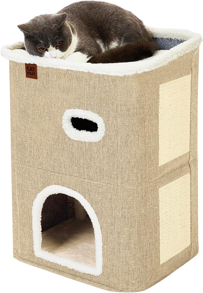 CATBOAT 2-Storey Cat House for Indoor Cats Bed, Covered Cat Beds & Furniture with Scratch Pad and Hideaway Cave, Cute Modern Cat Condo for Multi Small Pet Large Kitten Kitty, Brown