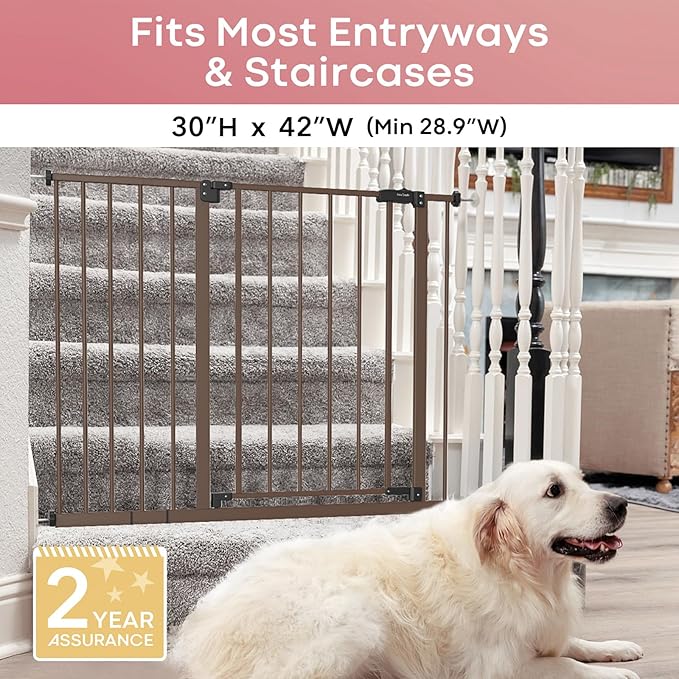 InnoTruth 28.9-42.1" Wide Baby Gate for Stairs, 30" Tall Dog Gates for Doorways Expandable One-Hand Open, Easy Walk Through Dual Lock Metal Pet Gates for Dogs, Brown-Family & Mom's Choice Award Winner