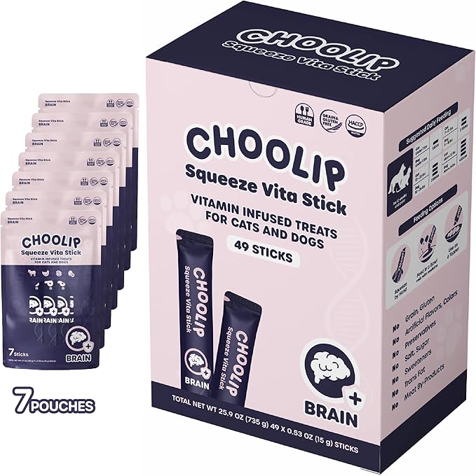 Squeeze Vita Stick for Brain. Nutrient-Packed Cat Treats with MCT, EPA/DHA, L-Carnitine, L-Arginine and More! 49pk Vet-Formulated Cat Treats. Dog or Cat Birthday Treat, Calming Training Tool.