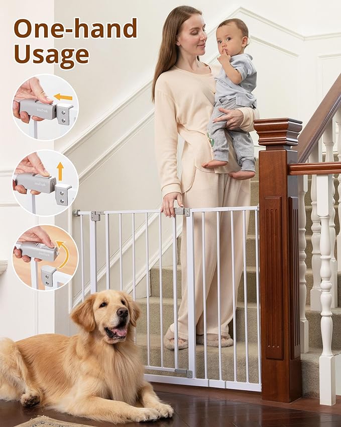 InnoTruth Baby Gate for Stairs 28.9-42.1" Wide, 30" Tall Easy Step Walk Through Expandable Dual Lock Dog Gates for The House, Metal Pressure Mounted Easy Install Pet Gate for Dogs, White