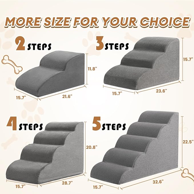 Dog Stairs Ramp for Bed, 15.7”H 3 Step Extra Wide High Density Memory Foam Pet Steps for Small Dogs puppy Cats, with Durable Non-Slip Waterproof Fabric Cover, Dog Slope Stairs Steps, Grey