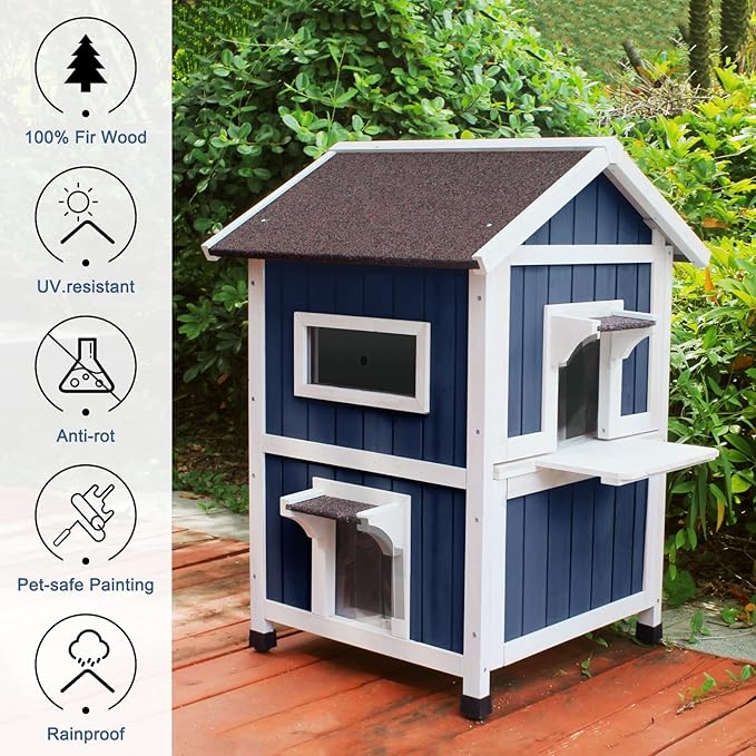 HiCaptain Weatherproof Cat House for Outdoor, 2 Story Feral Cat House with Balcony and Escape Door, Outside Wooden Pet Shelter for Small Animal-Blue