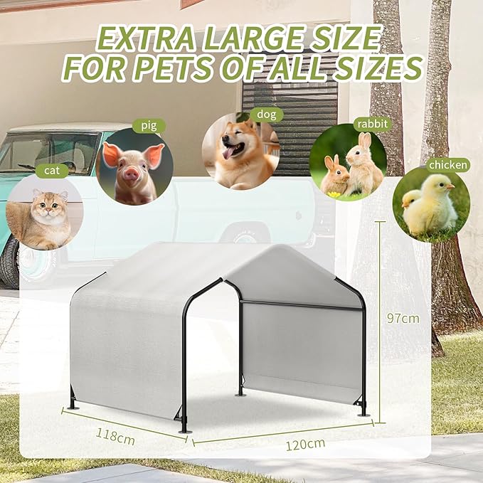 YAZ&OUZ Dog House Outdoor Large Breed, Dog Shade For Outside, 4'x4'x3' Outdoor Dog House Weatherproof & Snowproof with Sturdy Steel Frame & Ground Nails for Dog Tent Outdoor, Chicken House, Duck House