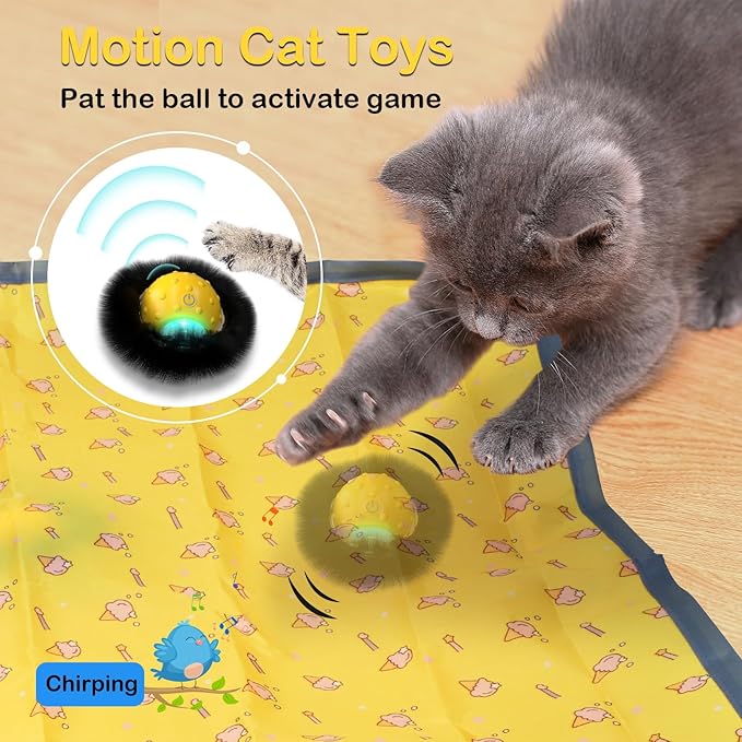 Interactive Cat Toys for Indoor Cats, Electric Cat Ball Fast Rolling in Pouch, Motion Activated Chirping Cat Toy, Hide and Seek Cat Toy with LED Light