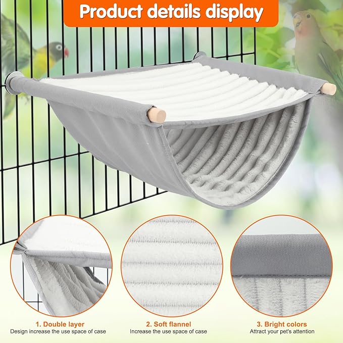 BWOGUE Winter Warm Bird Nest Bed Hanging Hammock Snuggle Hut Parrot House Tent Toy Bird Cage Perch for Parakeet Budgies Cockatiels Lovebird Cockatoo Finch Hamster Chinchilla Guinea Pig(Large, Grey)