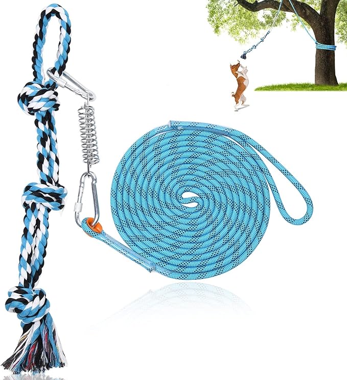 LOOBANI Dog Spring Pole Toy for Pitbull, Outdoor Durable Hanging Rope Tug Toys for Exercise & Muscle Building & Bite Training, Interactive Tug of War Game for Medium to Large Breeds Solo Play(Blue)