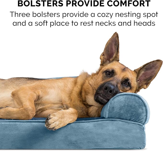 Furhaven Orthopedic Dog Bed for Large Dogs w/ Removable Bolsters & Washable Cover, For Dogs Up to 95 lbs - Faux Fur & Velvet Sofa - Harbor Blue, Jumbo/XL