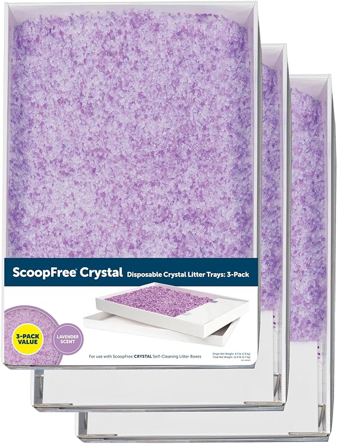 PetSafe ScoopFree Crystal Cat Litter Tray Refills – Lavender Scent, 3-Pack – Disposable Tray – Includes Leak Protection & Low Tracking Litter – Absorbs Odors on Contact