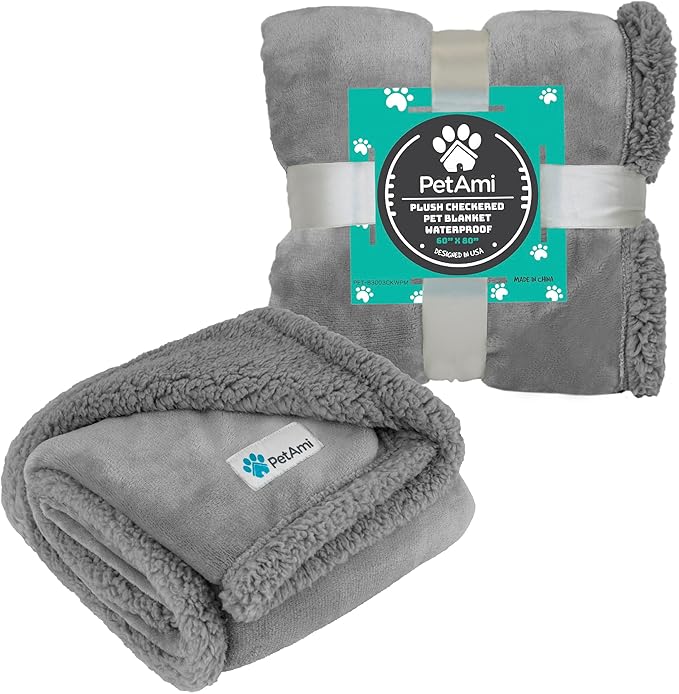 PetAmi WATERPROOF Dog Blanket for Bed, XL Dog Pet Blanket Couch Cover Protection, Sherpa Fleece Leakproof Bed Blanket for Crate Kennel Sofa Furniture Protector, Reversible Soft Plush 80x60 Light Gray