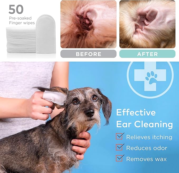 Dog Ear Cleaner Wipes - Cleanser for Dogs - Ear Itching, Dissolves Wax, Dirt & Odor with Coconut Oil & Aloe Vera (50 Finger Wipes)