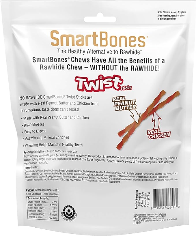 SmartBones Smart Twist Sticks With Peanut Butter 50 Count, Rawhide-Free Chews For Dogs, SBTT-02943, 50-count