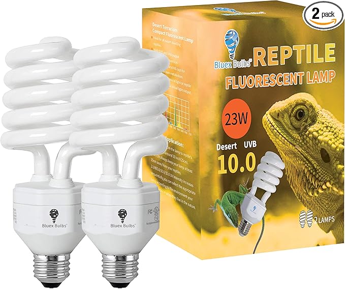 2 Pack 23-Watt Reptile Bulb Desert UVA UVB Light - 10.0 UVB Reptile Light - Compact Florescent Terrarium Bulb Suitable for Desert Reptiles Lizards Bearded Dragons Tortoises CFL UVB Bulb (23 Watt 10.0)