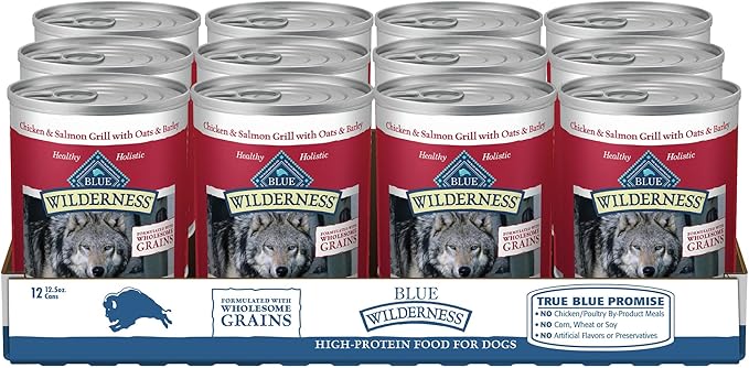 Blue Buffalo Wilderness High Protein Natural Adult Wet Dog Food Plus Wholesome Grains, Chicken & Salmon Grill 12.5-oz Cans (Pack of 12)