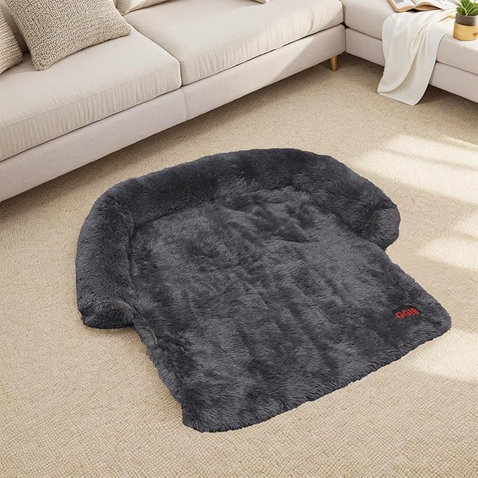 Calming Dog Bed Fluffy Plush Dog Mat for Furniture Protector with Removable Washable Cover for Large Medium Small Dogs and Cats (Small(35x31x5), Dark Grey)