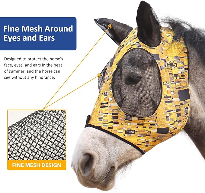 Harrison Howard Super Comfort Stretchy Fly Mask Large Eye Space with UV Protection Soft on Skin with Breathability Golden Shape L