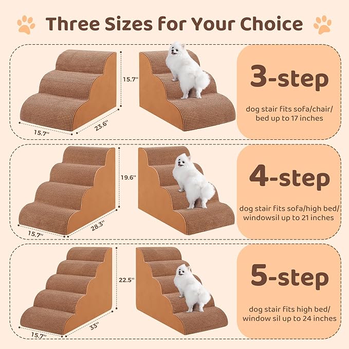 Dog Stairs for High Beds, 4-Tier Dog Stairs for Small Dogs and Cats High Density Foam Dog Steps for Couch & Bed, Pet Stairs with Non-Slip Bottom for Doggies, Old Dogs and Injured Pets, Camel