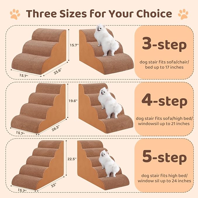 Dog Stairs for Small Dogs, 3-Tier Dog Steps for Couch and Bed High Density Foam Pet Stairs for Small Dogs and Cats, Pet Steps with Non-Slip Bottom for Doggies, Old Dog and Injured Pets, Camel