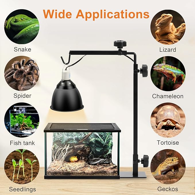 Simple Deluxe Reptile Lamp Stand Metal Floor Light Holder Basking Lamp-Holder Lamp-Support Bracket, Height Adjustable for Glass Terrarium Heating-Light, Amphibian and Aquarium Tank