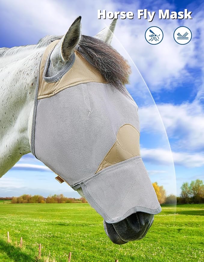 DEERFAMY Adjustable Horse Fly Mask, High-Quility Net Mesh Mask with Large Eye Space,Full Coverage, Soft & Gentle on Skin, No Ears but with Nose (Gold, M)