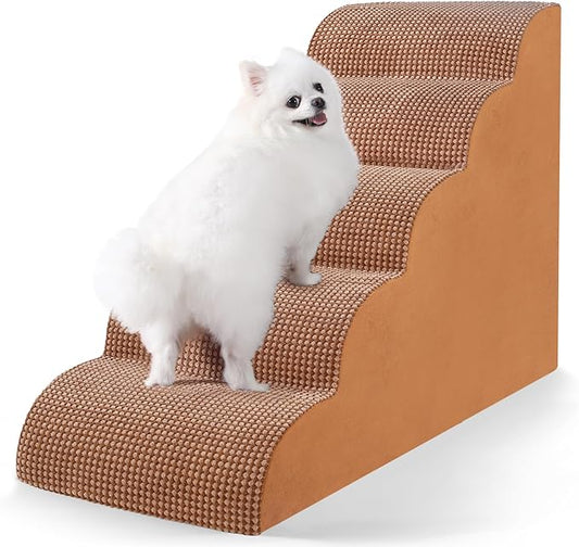 Dog Stairs for High Beds, 5-Tier Dog Stairs for Small Dogs and Cats High Density Foam Dog Steps for Couch & Bed, Pet Stairs with Non-Slip Bottom for Doggies, Old Dogs and Injured Pets, Camel