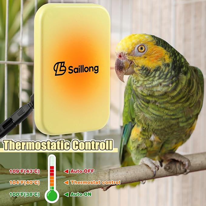 Saillong 8.5W Bird Cage Heater, Bird Warmer with Thermostatically Controlled, Bird Cage Heating Pad for Parakeets, Parrots, Exotic Pet Birds, with Anti Bite Rope, 3.7 x 5.7 x 0.5 Inches