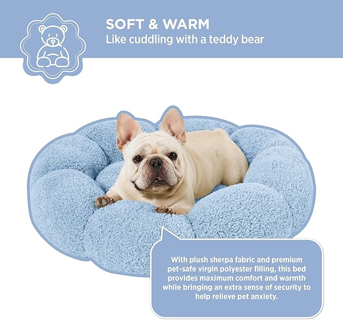 Lesure Calming Medium Dog Bed - Flower Donut Round Fluffy Puppy Bed in Plush Teddy Sherpa, Non-Slip Cute Flower Cat Beds for Indoor Cats, Medium Pet Bed Fits up to 45 lbs, Machine Washable, Blue 30"