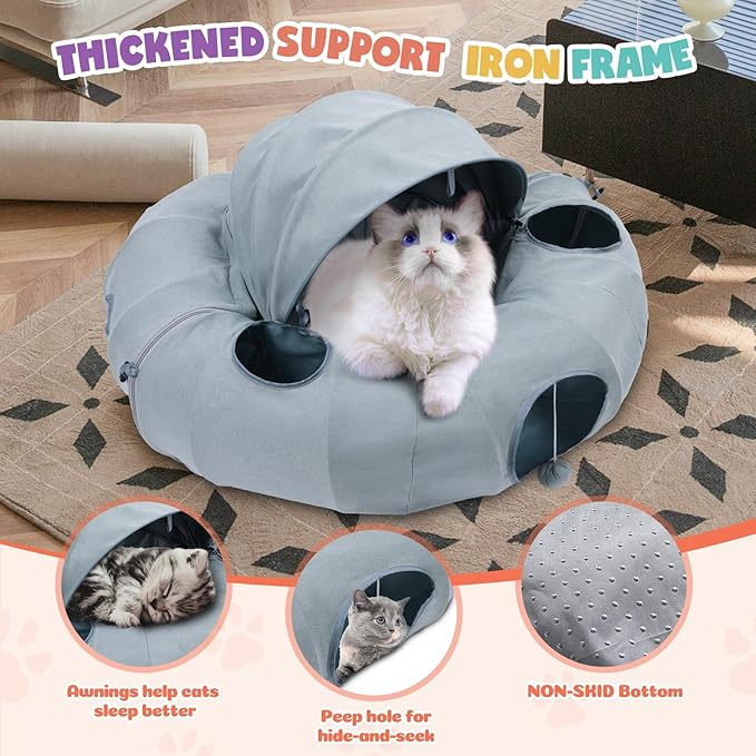 OUHOU Cat Tunnel Bed, Indoor Cat Tunnels with Hanging Balls, Peepholes, and Washable Mat, Green