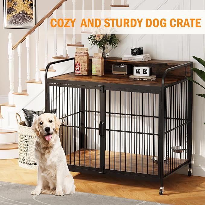 Large Dog Crate Furniture, Wooden Dog Crate End Table with Adjustable Height & 360° Rotating Feeder, Heavy Duty Dog Crate with Movable Wheels, Dog Kennel Indoor(48''L x 29.92''W x 44.29''H)