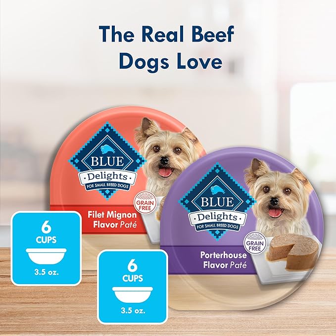 Blue Buffalo Delights Natural Adult Small Breed Wet Dog Food Variety Pack, Made with Natural Ingredients, Filet Mignon Flavor Paté & Porterhouse Flavor Paté, 3.5-oz. Cups (12 Count, 6 of Each)