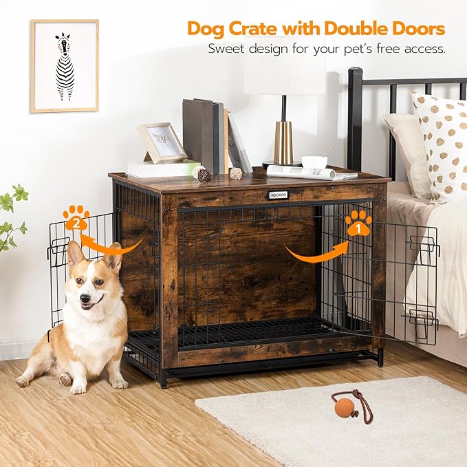 HOOBRO Dog Crate Furniture, Large Dog Kennel, Wooden Pet Furniture with Pull-Out Tray, Home and Indoor Use, Double Doors Modern Side End Table for Medium/Large/Small Dog, Rustic Brown BF802GW03G1