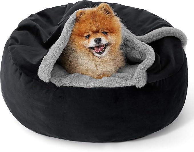 Lesure Small Dog Bed with Cover Cave - Covered Round Puppy Bed with Hooded Blanket, Machine Washable Burrow Pet Bed for Small Dogs and Cats, Cuddler Cozy Cave Dog Bed with Anti-Slip Bottom, Black 23"