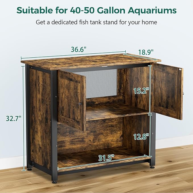 40-50 Gallon Fish Tank Stand with Cabinet, Metal Aquarium Stand for Accessories Storage, Reptile Tank Turtle Terrariums Table Bearable 1000LBS, Accommodates 2 Aquariums