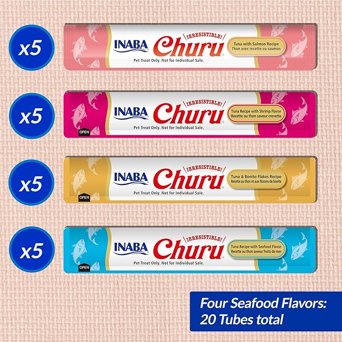 INABA Churu Cat Treats, Grain-Free, Lickable, Squeezable Creamy Purée Cat Treat/Topper with Vitamin E & Taurine, 0.5 Ounces Each Tube, 20 Tubes, Seafood Variety Box