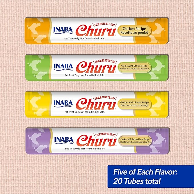 INABA Churu Cat Treats, Grain-Free, Lickable, Squeezable Creamy Purée Cat Treat/Topper with Vitamin E & Taurine, 0.5 Ounces Each Tube, 20 Tubes, Chicken Variety