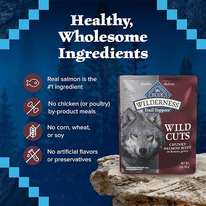 Blue Buffalo Wilderness Trail Toppers Wild Cuts Natural High-Protein Dog Wet Food, Salmon Bites in Hearty Gravy, 3-oz Pouch, 12 Count