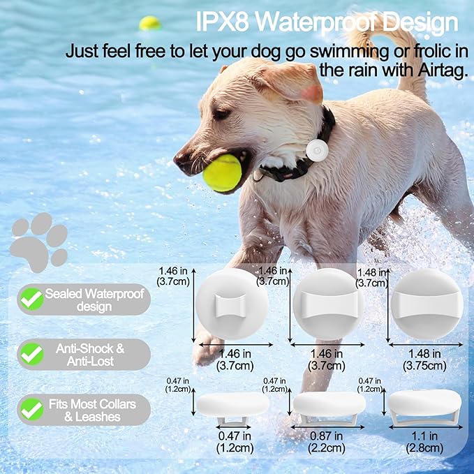 IPX8 Waterproof AirTag Dog Collar Holder, Hidden Air Tag Case for Cat Collar, Anti-Lost Silicone Cover for AirTag GPS Tracker Compatible with Pets Loop, Fits All Width Collars(White S)