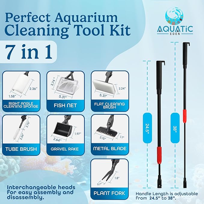 Aquarium Cleaning Tools 7 in 1 - Fish Tank Cleaning Kit with Algae Scraper, Scrubber Pad, Adjustable Telescopic Long Handle, Fish Net, Gravel Rake, Fork & Brush - Saltwater & Freshwater Fish Tank