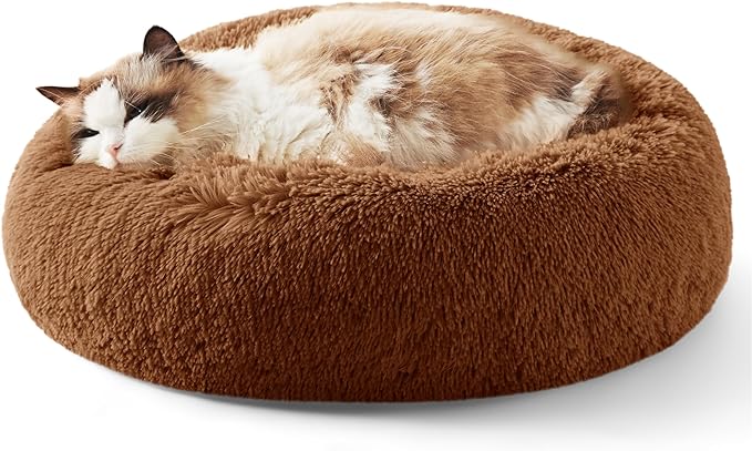 Bedsure Calming Cat Beds for Indoor Cats - Small Cat Bed Washable 20 inches, Anti-Slip Round Fluffy Plush Faux Fur Pet Bed, Fits up to 15 lbs Pets, Caramel