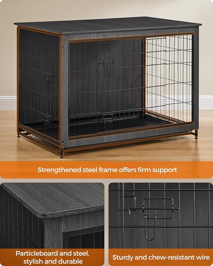 Feandrea Dog Crate Furniture, Side End Table, Modern Kennel for Dogs Indoor up to 80 lb, Heavy-Duty Dog Cage with Multi-Purpose Removable Tray, Double-Door Dog House, Ink Black UPFC004B01