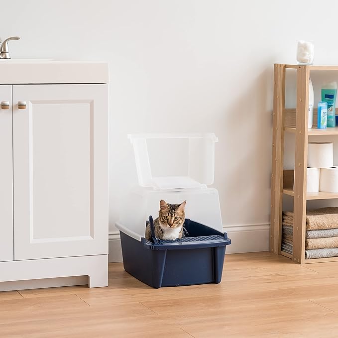 IRIS USA Large Cat Litter Box Enclosure with Front Door Flap and Scoop, Split Hooded Kitty Litter Tray with Entry Gate for Privacy and Keeping Litter Inside, Navy