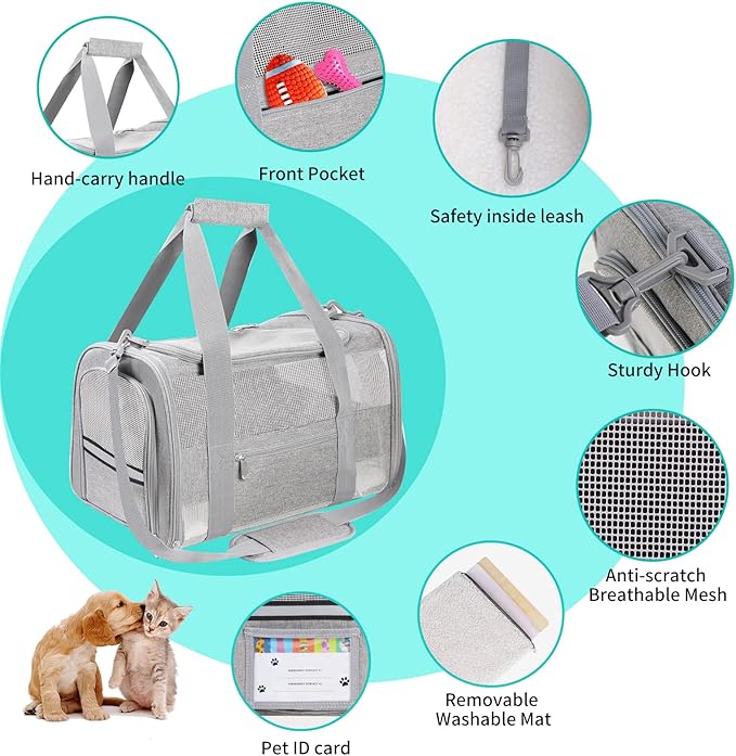 Large Cat Carrier Dog Carrier, Pet Carrier for 2 Cats Large Cats, Dog Carrier for Medium Small Dogs, Collapsible Soft Sided Pet Carrier for Cats Dogs Puppy of 25 Lbs, Grey