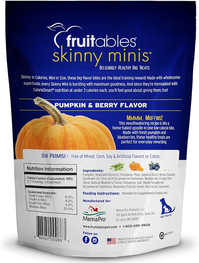 Fruitables Skinny Mini Dog Treats – Healthy Treats for Dogs – Low Calorie Training Treats – Free of Wheat, Corn and Soy – Pumpkin and Berry – 12 Ounces