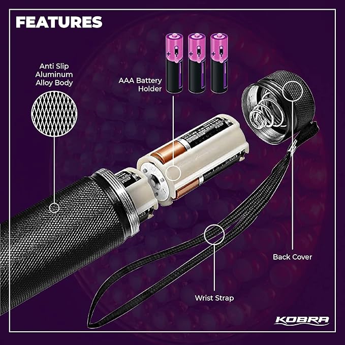 Kobra Black Light Flashlight 100 LED Lamp and Blacklight for Home & Hotel Inspection, Pet Urine & Stains - Ultra Intensity 18W 385-395nm LEDs Spot Counterfeit Money, Leaks, Scorpions (100 LED) (Black)