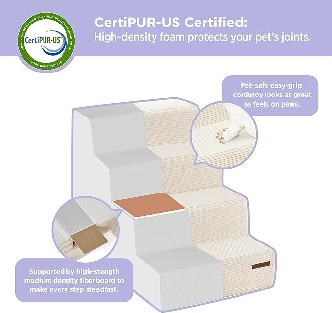 Lesure Dog Stairs for Small Dogs - Pet Stairs for Beds and Couch, Folding Pet Steps with CertiPUR-US Certified Foam for Cat and Doggy, Non-Slip Bottom Dog Steps, Beige Linen-Like Fabric, 5 Steps