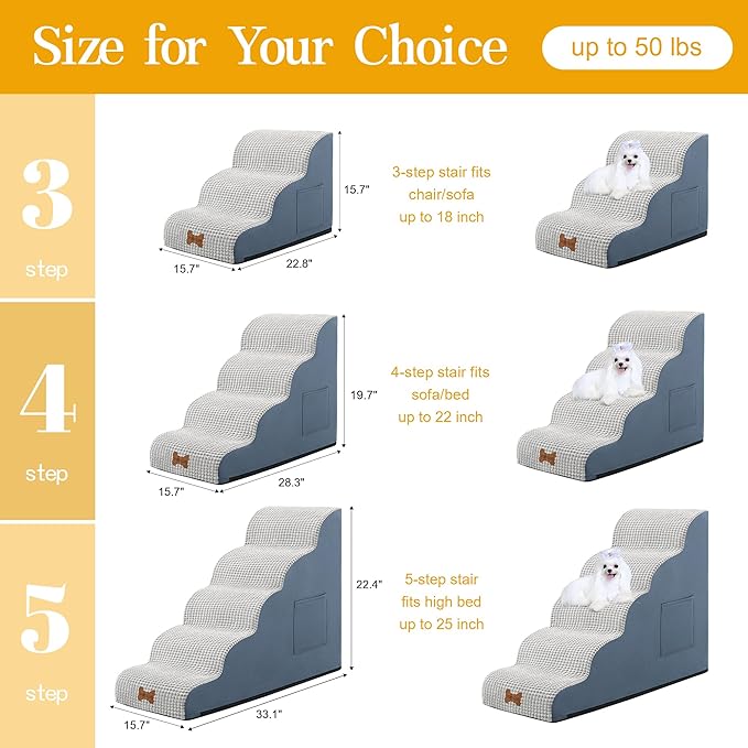 Dog Stairs Ramp for Small Dogs and Cats 15.7”H, Extra Wide Pet Stairs for Couch Sofa and Chair, Non-Slip Pet Steps with Larger Step Area No Assembly, 3 Tiers Grey