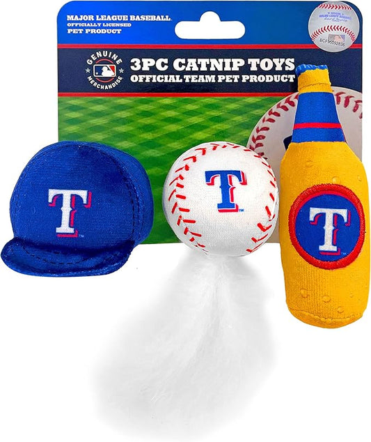 BEST PLUSH CAT TOY: MLB TEXAS RANGERS Complete Set of 3 piece Cat Toys filled with Fresh Catnip. Includes: 1 Baseball Cap Cat Toy, 1 Baseball Cat Toy with Feathers & 1 Beer Bottle. Beautiful Team LOGO